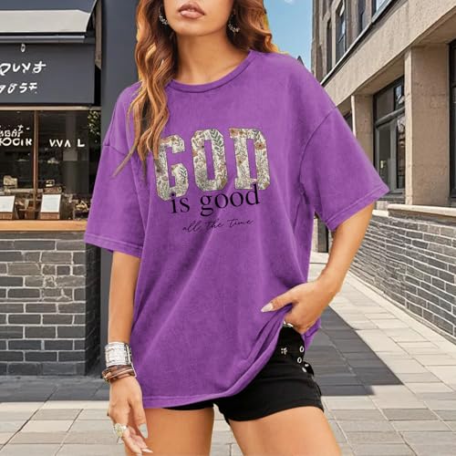 Image of Christian God is Good Shirts for Women Jesus Faith Religious T Shirts Floral Graphic Oversized Acid Washed Tee Tops