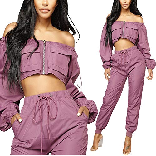 Sexy Two Piece Outfits for Women - Long Sleeve Crop Tops High Waisted Pants Jumpsuit Sexy Club Outfits Purple - Thumbnail 2