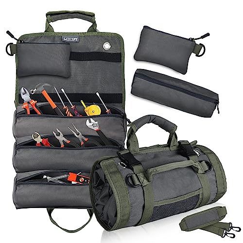 GCXIXPY Roll Up Tool Bag Organizer and Storage, Tool Roll Pouch with Detachable Pouche, Tool Roll Up Bag with Adjustable Shoulder Strap, Rolling Tool Bag for Mechanic Electrician Motorcycle Truck