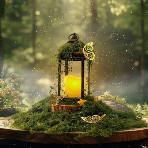 Gerrii Forest DIY Table Lantern Set Including Candle Holder and LED Light Rustic Wood Base Artificial Moss Decoration Mini Mushroom and Butterfly for Woodland Wedding Fairy Party Decor