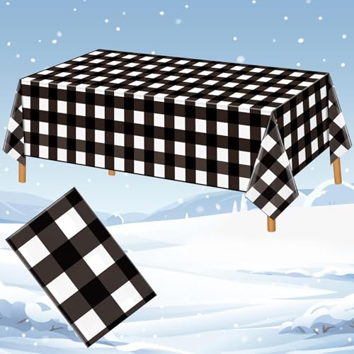 Image of Hxezoc Buffalo Plaid Plastic Tablecloth, 54 x 108 Inch Black and White Checkered Disposable Winter Table Cover for Birthday Party Decorations Outdoor Indoor Party Supplies