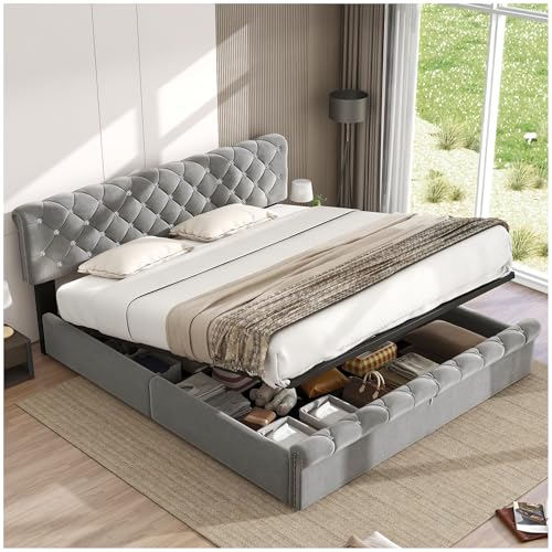 Wyibwy Cama matrimonial acolchada, 180 x 200 cm, con cabecero regulable en altura, cama contenedor hidráulico, canapé doble, dormitorio completo, sin colchón, terciopelo, gris