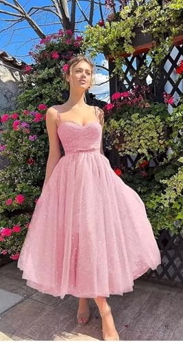 Tea Length Tulle Prom Dress 2025 for Women Formal Sparkly Glitter Party Evening Dress Spaghetti Straps Ball Gown4