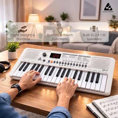 Image of Audio Array AK-37 White MIDI Keyboard 37 Velocity Sensitive Keys, Built-in Speakers, 200 Presets, Sustain & Touch, Tempo, Octave /Transpose /Tune, Master Volume Knob, LED Display BT AA & Type-C Power