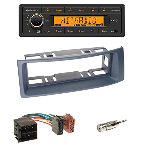 Einbauset: Continental TR7412UB-OR Autoradio mit BT USB MP3 + DIN Radioblende dunkelgrau + ISO-Adapter Antennenadapter ISO - DIN für Renault Mégane I Coach/Coupé Mégane I Scénic (JA) 11/1996-08/1999