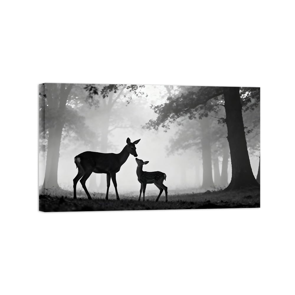 OZPWBVY Black and White Landscape Print Painting-Forest Two Deer-Minimalist Canvas Wall Art Picture for Home Ready to Hang 24x39in 60x100cm Wrapped Canvas