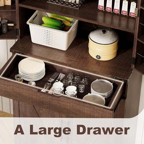 Image of GRUSIGN 72 inch Kitchen Pantry Storage Cabinet with Doors and Shelves, Wood Farmhouse Pantry Storage with Barn Doors for Kitchen, Dining Room, Living Room, Dark Brown