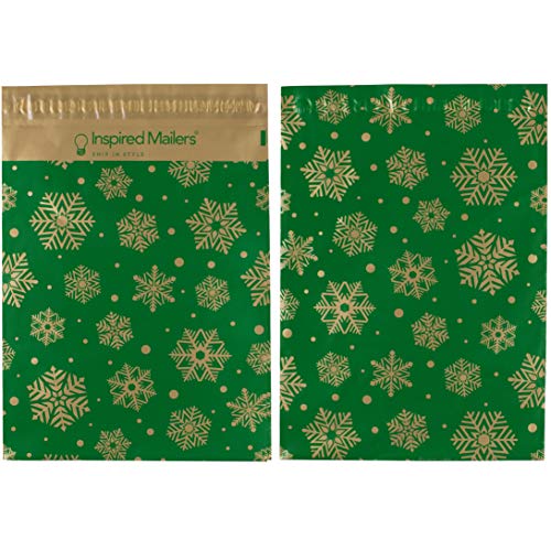 Image of Inspired Mailers - Poly Mailers 14.5x19-50 Pack - Gold Snowflakes Deluxe (Green) - Holiday Shipping Envelopes - Large Mailing Bags - Packing Bags for Shipping