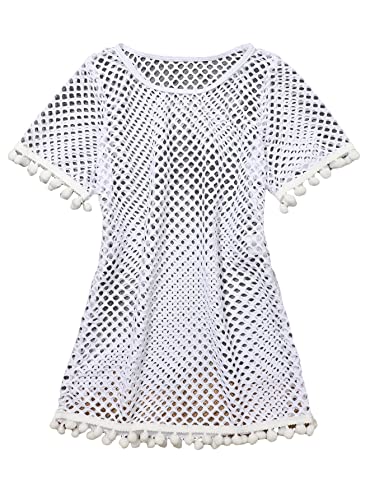 SHENHE Girl's Sheer Short Sleeve Hollow Out Tassel Trim Beach Cover Up Sun Dresses