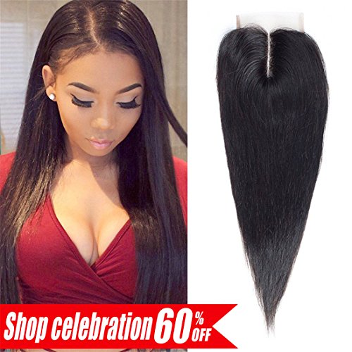 Lace Closure Straight Middle Part Closure Brazilian Human Hair Closure 100% Unprocessed Bleached Knots 3.5x4inch (12", Natural Color)