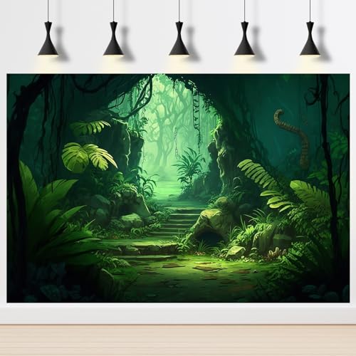 Image of Cartoon Jungle Cave Aquarium Background Green Prehistoric Tropical Leaves Fish Tank Background Small Path Misty Rainforest Reptile Tank Backgrounds Foggy Cave Reptile Enclosure Backgrounds 48x20in