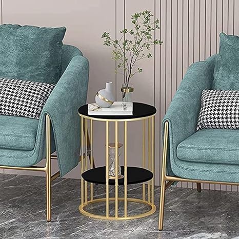 Image of Crown Art Round End Table with Storage Shelf, Side Table for Small Space, Easy Assembly, Accent Furniture with Metal Frame (Golden and Black)