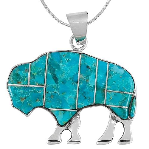 Turquoise Network Buffalo Pendant Necklace 925 Sterling Silver Genuine Gemstones (24