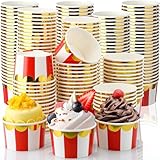 Willinglong 100 Pcs 9 oz Circus Carnival Party Cups Red Stripe Paper Ice Cream Cups for Christmas Circus Carnival Party, Disposable Dessert Bowls Sundae Yogurt Bowls for Hot or Cold Food Snack Treat