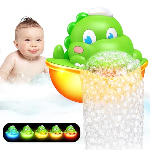 Image of Dinosaur Baby Bath Toys Light Up Bath Bubble Machine with Colourful Light Bathtime Shower Bath Toys for Kids Ages 1-3 4-8 Birthday Gift Easter Basket Stuffers for Toddler Boys Girls