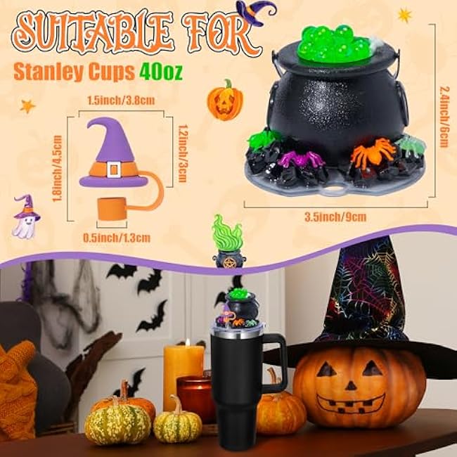 R HORSE Halloween Stanley Cup Accessories - Halloween Cauldron Lid Topper Silicone Straw Covers Cap for Stanley Cup 40oz Tumbler, Cute Bottle Decoration for Women Men Friend