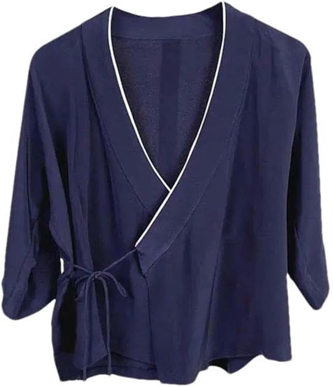 Tai Chi Chinese Style Zen Summer mid-Sleeved Casual Shirt Tied Cotton Linen Hanfu Kung Fu top Sports V-Neck