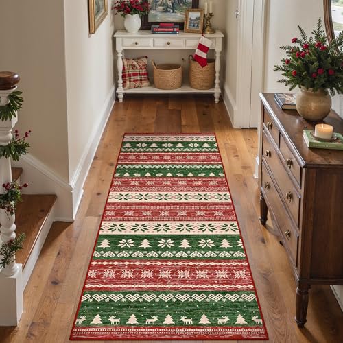 PureCozy Weihnachtsteppich Läufer, 60 x 180 cm Waschbar rutschfest Roter Teppiche Weihnachtsdeko Innen für Wohnzimmer Schlafzimmer Küche Kinderzimmer Eingangsbereich Weihnachtsbaum, Kurzflor
