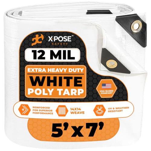 Image of Heavy Duty White Poly Tarp 5' X 7' - Multipurpose Protective Cover - Durable, Waterproof, Weather Proof, Rip and Tear Resistant - Extra Thick 12 Mil Polyethylene - by Xpose Safety