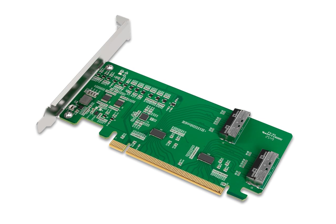 ICY DOCK PCIe 5.0 x16 NVMe Adapterkarte mit 2 x MCIO 8i (SFF-TA-1016) Anschlüssen & Redriver (PCIe Bifurcation erforderlich) - EXLink MB308A5