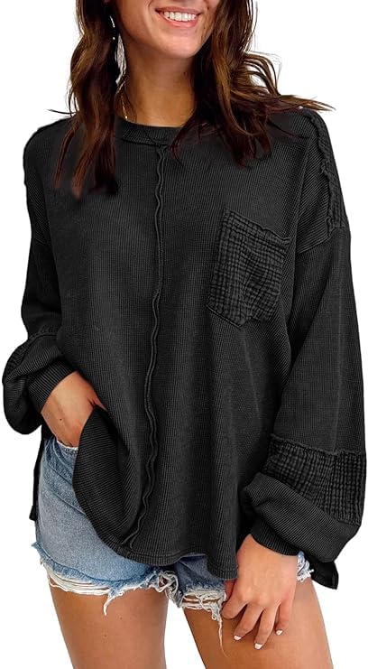 Image of Waffle Knit Long Sleeve Oversized Sweatshirt for Women Exposed Seam Patchwork Side Slit Pullover Sweaters for Women Fall Tops