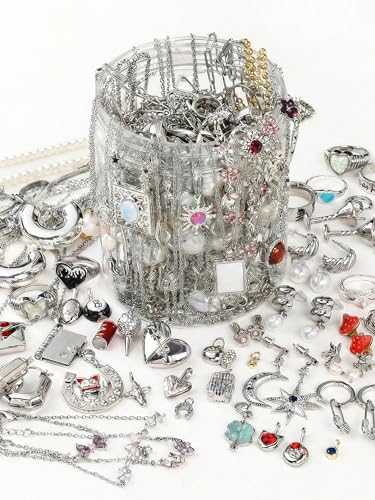 Image of 50+ PCS Mystery Jewelry Jar, Sterling Silver Mystery Boxes For Sale, Gift Ready Jewelry Set with Necklaces, Earrings, Rings, Bracelets & DIY Pendants, Surprise Jewelry Jar Unique
