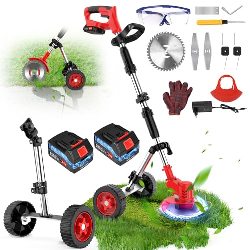 Desbrozadora Bateria con Rueda Auxiliar y 2 Baterías, 3 en 1 Cortacesped Desbrozadora Electrica con 5 Cuchillas, Ajustable y MangoTelescópic, Cabezal Pivotante 90°, Cortadores Inalámbricos de 650 W