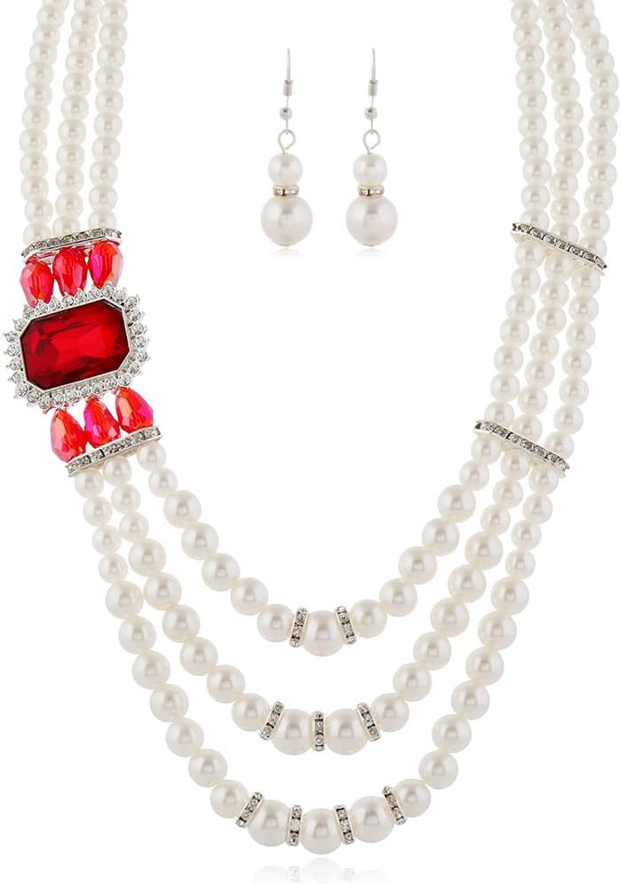 1920s 3-layered White Faux Pearl Necklace and Earrings Set with Crystal and Rhinestone Bridal Long Pearl Necklace Statement Women Jewelry