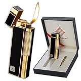 Classic Cigarette Cigar Metal Lighter, Soft Flame Lighters with Adjustable Flame Dial,Vertical Ignition Roller,Best Gift Men Women (Color : Black Gold)