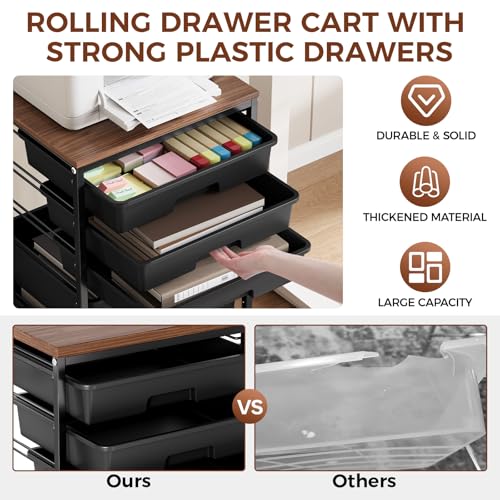 Image of SYKIARIOL 5-Tier Rolling Utility Storage Drawer Craft Cart on Wheels with Wooden Tabletop, Mobile Craft Storage Drawer Cart Trolley for Home Office, Classroom, Craft Room & Kid Room, Black