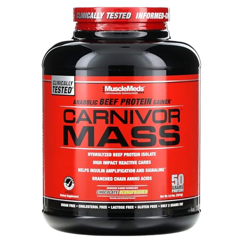 musclemeds carnivor mass gainer beef protein isolate shake 50 grams protein 125 grams carbs 0 fat 0 sugar lactose free halal certified chocolate peanut butter 6 pound