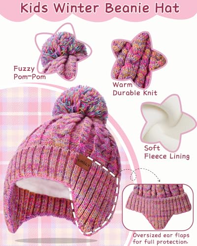 Image of Kids Winter Hat Gloves Scarf Set,Beanie with Pom Earflaps Neck Gaiter Fleece Lined Touchscreen Gloves for Girls Boys 3-10Y