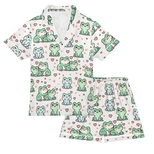 ALAZA Cute Frog Love Heart Pajamas Satin Pajama Set Short Sleeve Button Down Sleepwear