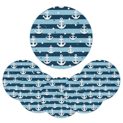 Mintoprints Anchors - Juego de 6 manteles individuales trenzados redondos náuticos de rayas azules de 15 pulgadas, lavables para mesa de cocina y comedor