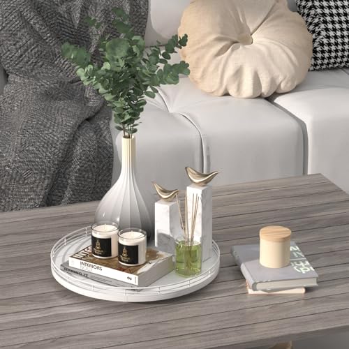 Image of 13 inch Oak Wood Decorative Tray for Home Decor, Tray for Coffee Table Decor Perfume Nightstand Vanity Bathroom Trays for Counter Candle Jewelry Makeup Farmhouse Table Centerpiece for Dining Room White