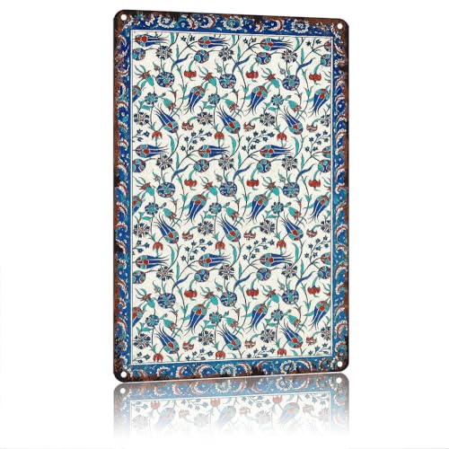 KERUNSM Turkish Iznik Tile Floral Metal Sign —Aluminum 8X12Inch For Wall Decoration In Bathroom, Bedroom, Living Room, Outdoor And Anywhere