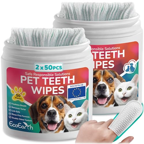 Salviette per la pulizia dei denti di alta qualità per cani e gatti - 100 pezzi - Dischetti per la cura dentale degli animali domestici per un alito fresco e un'igiene orale.
