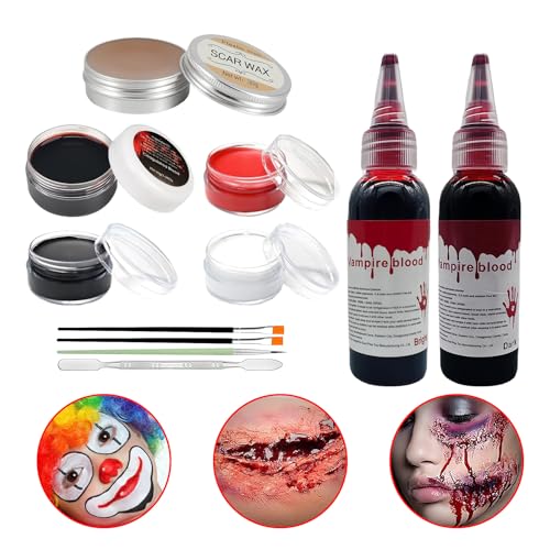 11 Piezas kit Maquillaje Halloween, 3 Colores Efectos Especiales Halloween Makeup con Sangre Falsa Ceras Cicatrices Pinceles Kit Pintura Cara para Adulto Niño Teatro Cosplay Pintura Corporal