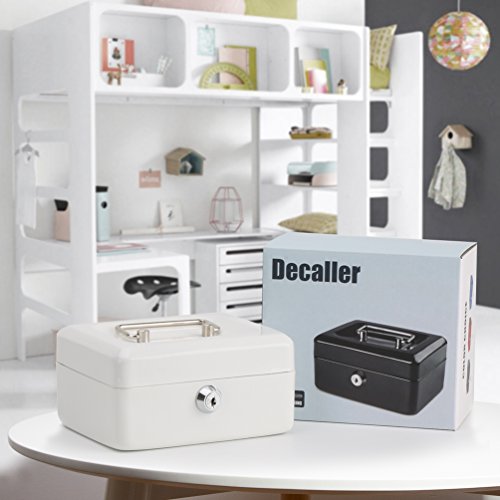 Image of Decaller Small Cash Box with Key Lock, Double Layer Metal Money Box for Home Security, Portable Locking Box, 5.9 inch x 4.7 inch x 3.2 inch, White