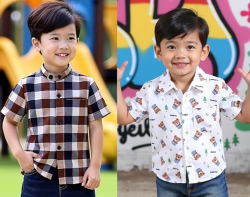 Image of Boys Short Sleeve Button Down Shirts, Plaid and Striped Pattern, Cotton Casual Tops, Pack of 2