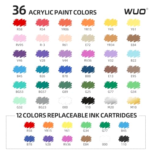 Image of WUO Acrylic Paint Markers, 36 Colors Water-Based No-Bleed Paint Pens with Brush Tip, Automatic Ink Control Markers for Rock Painting, Wood, Glass, Fabric DIY Art, 12 Extra Replaceable Ink Cartridges