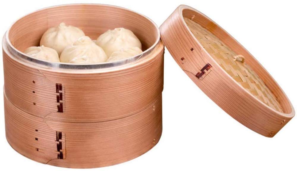 Pentola per Cucinare, vaporiera in bambù a 2 Livelli, vaporiera in bambù Biologico con Coperchio, Resistente e Rinforzata, vaporiera Domestica per Dim Sum, Verdure, Carne e Pesce, Fatta a ma