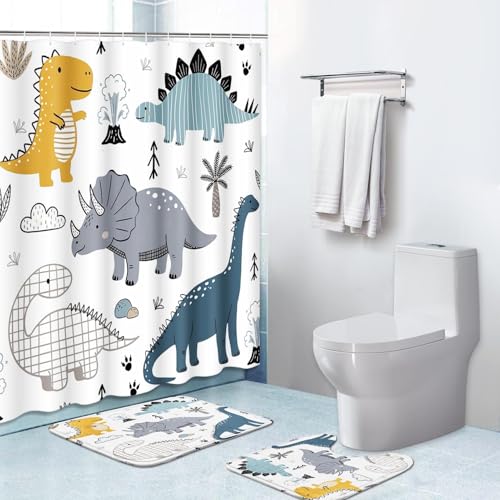 Image of Britimes Bathroom Set, 3Pcs, Shower Curtain, 72" x 72", Dinosaur | Dino Dragon Cartoon Funny Animals Kid Waterproof Shower Curtains with Non-Slip Rugs and Bath Mat for Decor