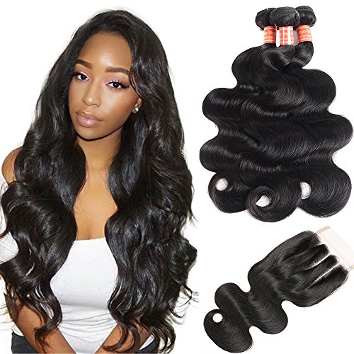 Simei Hair 8A 3 Bundles Brazilian Body Wave Virgin Hair Weave Bundles With Closure 100% Unprocessed Human Hair Extensions With Lace Closure Natural Black Color (18 20 22+16 Three Part)
