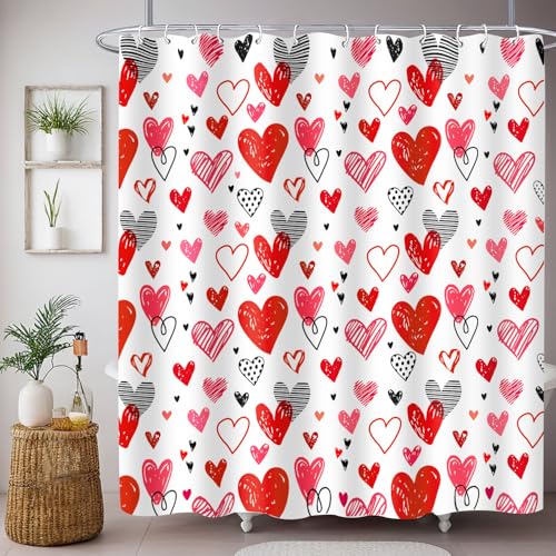 FUIPET Valentines Shower Curtain Heart Shower Curtains for Bathroom 72x72 Inch Valentines Bathroom Decor