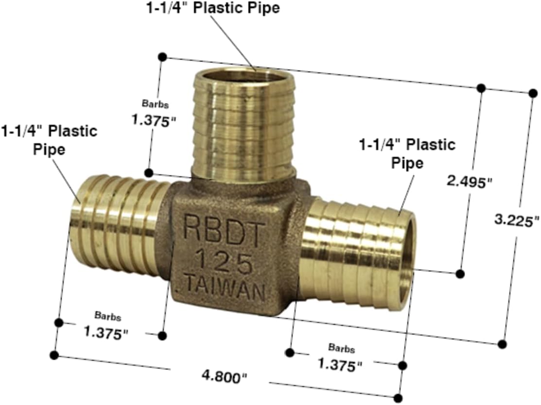 Merrill Mfg RBDTNL125 No Lead Bronze Insert Tee, 1-1/4 in x 1-1/4 in x 1-1/4 in Hose Barb 3-Way Fitting, Construction Grade for Poly Pipe