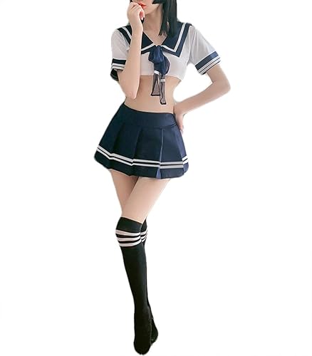 Anime Schoolgirl Cosplay Lingerie Uniform Stockings - Blue - Medium