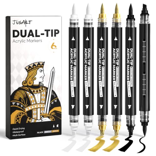 Image of JusArt 6 Black & White & Gold Acrylic Paint Markers, Dual Tip Markers