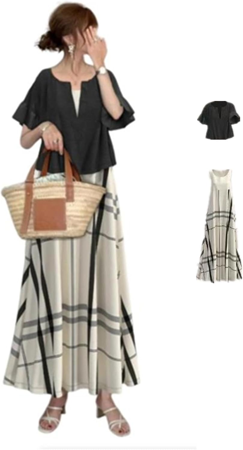 ワンピース レディース 夏 ロング 50代女性ワンピース夏 レディース 夏服 セットアップ シワにならないワンピース 気質 半袖 着痩せ 体型カバー おしゃれ 女子会 デート お出かけ L アンズ色