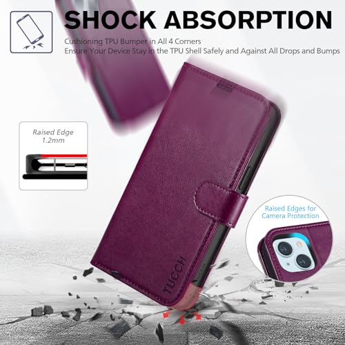 TUCCH PU Leather Wallet Magnetic Folio Case for iPhone 15 6.1", Plum Purple by TUCCH - Used condition - Image 6